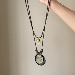 新中式禅意双层叠戴古铜圆牌项链女复古民族风毛衣链波西米亚配饰