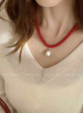 红豆南国~小众时尚水滴珍珠项链