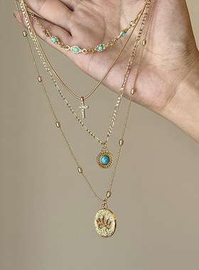 波西米亚多层十字架莲花项链女