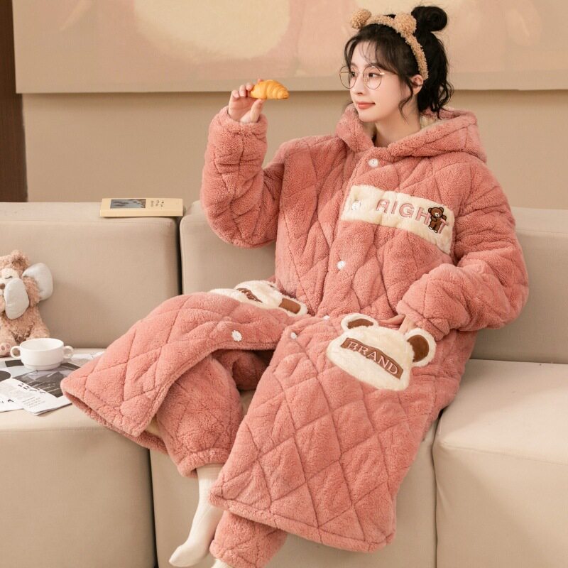 三层夹棉睡衣女士冬款棉袄睡袍加裤子大码长款套装珊瑚绒加厚加绒