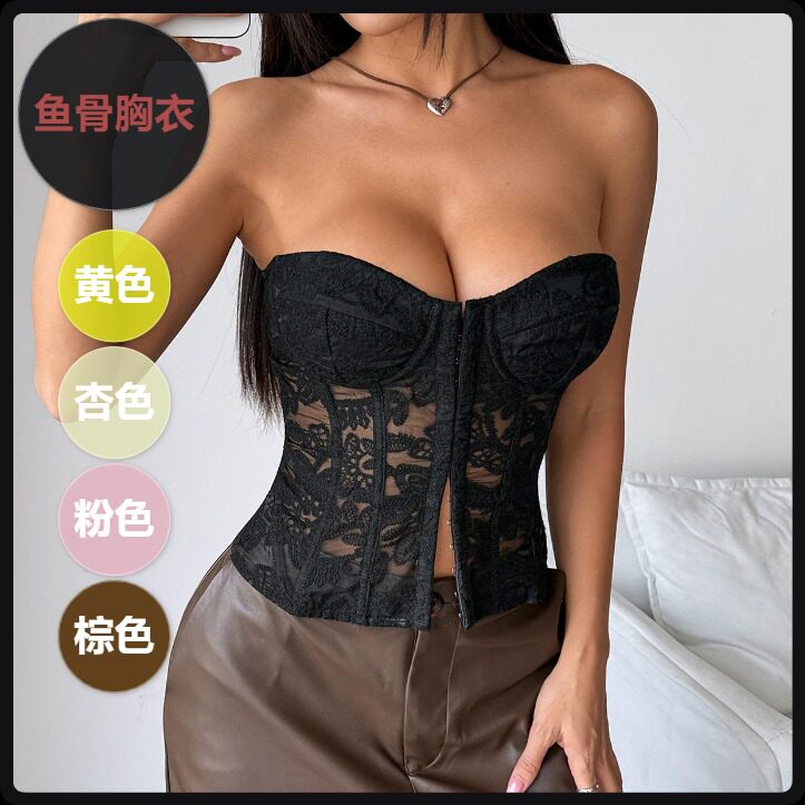 法式高级感设计刺绣鱼骨绑带露背抹胸背心女外穿内搭上衣图片