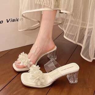 花朵露趾一字高跟鞋 外穿时尚 新款 水晶跟透明带7cm高跟凉拖女夏季