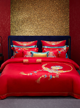 梦洁家纺2022新品高端正品婚庆大红色重工刺绣提花八件套 愿朝暮