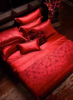 MINE/寐纯棉色织提花被单四件套床单大红色高端婚庆套件 木槿.红