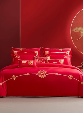 梦洁2025新结婚绣花四/六件套全棉婚嫁龙凤红色婚庆 中国·锦有喜