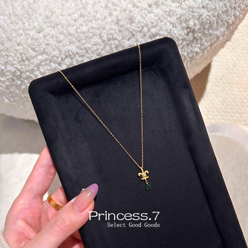 超细精致莺尾花绿宝项链女复古重工微镶拉丝工艺吊坠叠带毛衣颈链