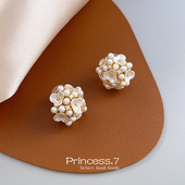 耳夹无耳洞女轻奢高级感法式 蚊香盘耳环 复古珍珠耳饰贝壳花簇个性