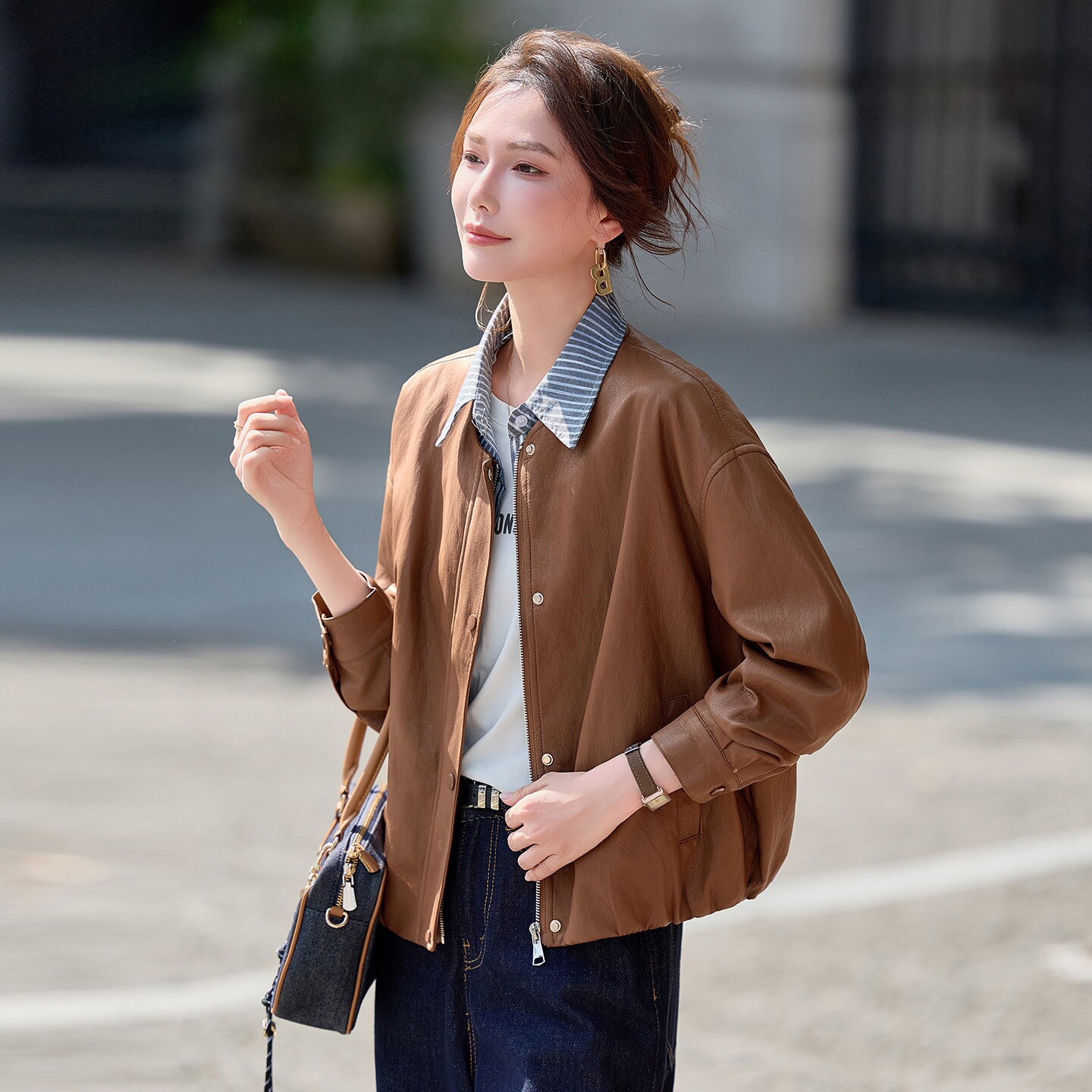 “杭衣精品”短款假两件拼接皮衣女2026年春秋新款宽松翻领皮外套