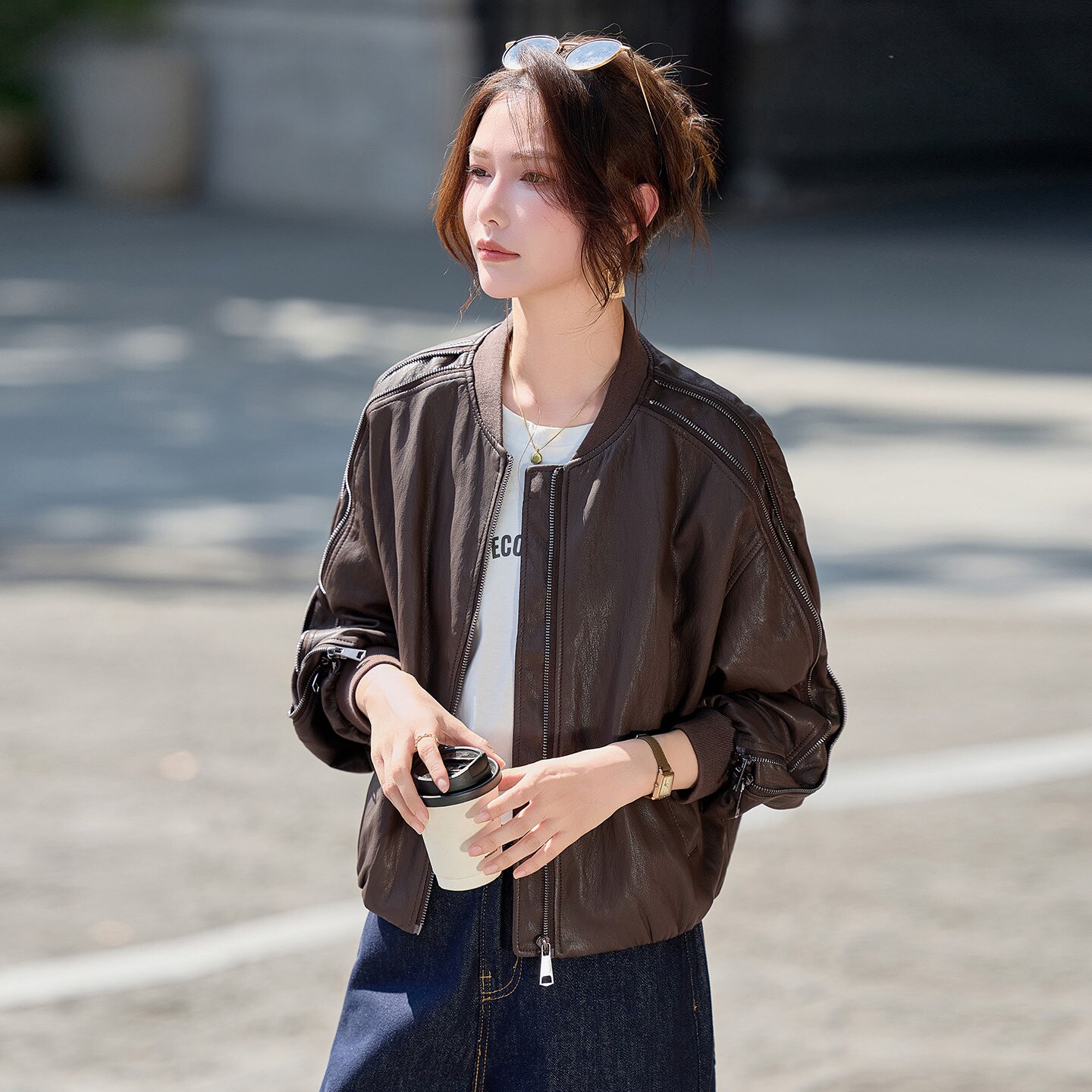 “杭衣精品”小个子时尚立领皮衣外套女2026年春秋新款宽松皮夹克