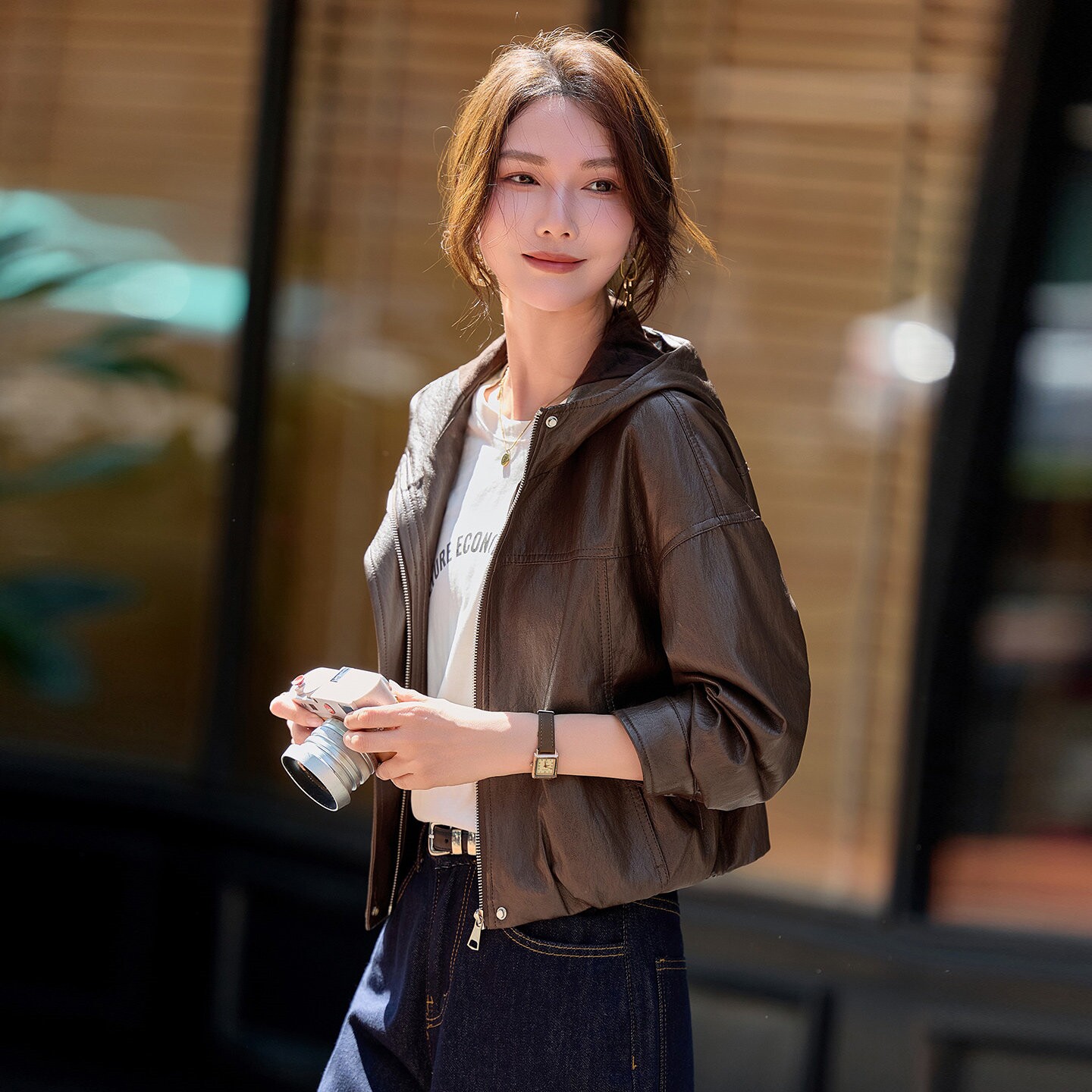 “杭衣精品”连帽皮衣外套女2026年春秋新款修身显瘦气质短款夹克