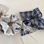 复古蓝格蕾丝边大肠圈韩系少女氛围感方巾发圈扎发头绳丸子头发饰