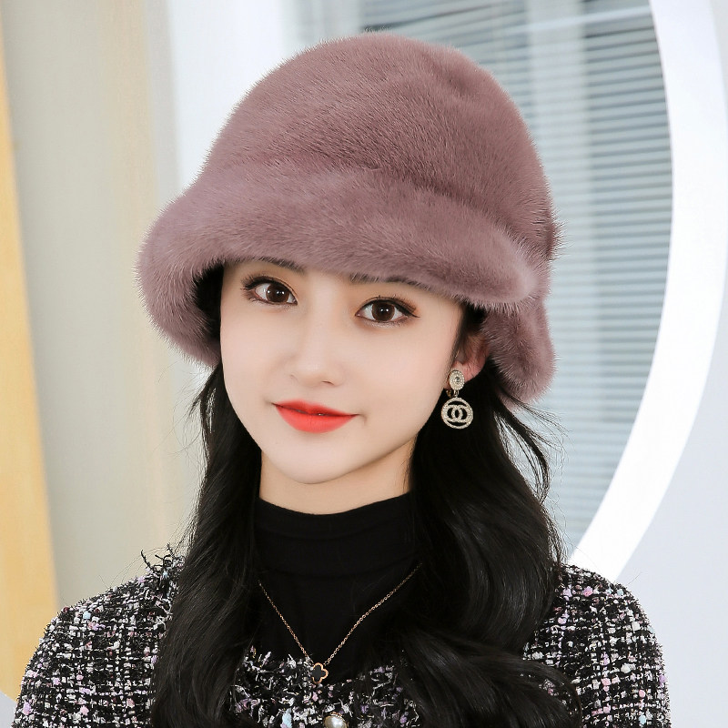 水貂皮帽子女冬季中老年整貂毛护耳保暖貂绒皮草帽子妈妈渔夫盆帽