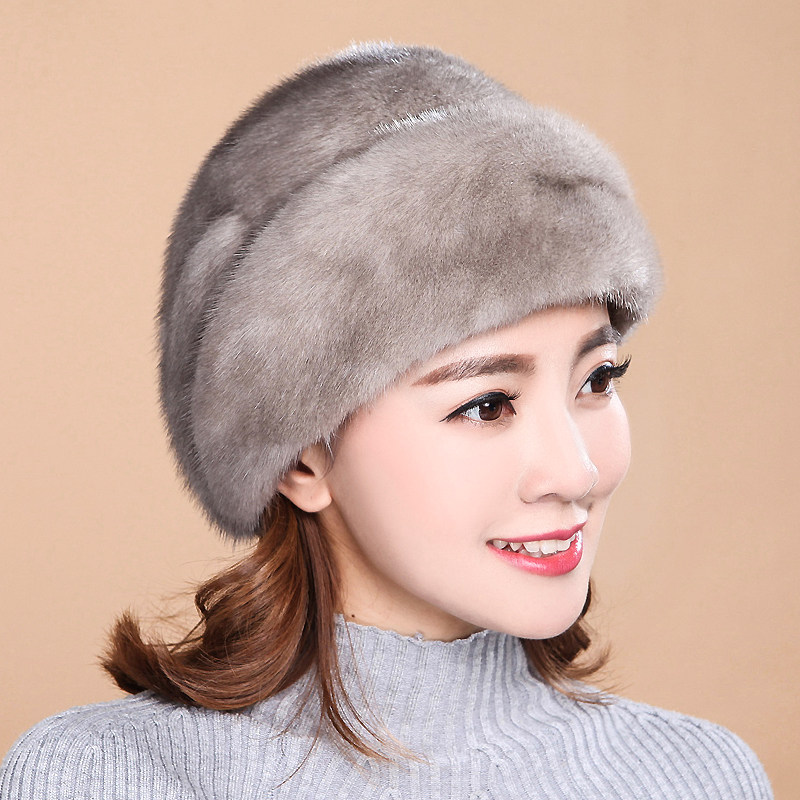 真水貂毛蓓蕾帽子女冬季保暖时尚优雅中老年整貂裘皮贝雷帽皮草帽