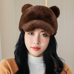 仿貂皮帽子女冬季仿水貂毛帽女款猫耳朵洋气女帽新款仿皮草鸭舌帽