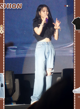 IU李知恩同款蓝色高腰破洞牛仔裤女宽松直筒拖地阔腿裤2022春新款