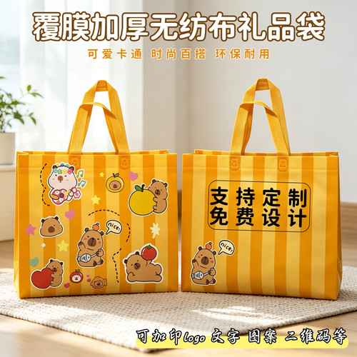 水豚卡通无纺布手提袋ins风学生补习袋服装店购物袋打包袋礼品袋