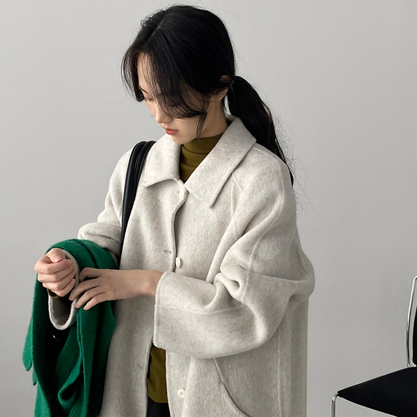 高级感米白色双面羊绒大衣女2025秋冬季新品韩系高个字羊毛呢外套