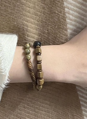 绿檀木复古风方块双圈手链文玩女孩绿檀圆珠搭配方檀多圈设计