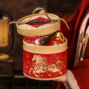 2026新年马年糖果饼干礼盒包装盒高档手提圆桶礼物礼品盒空盒定制