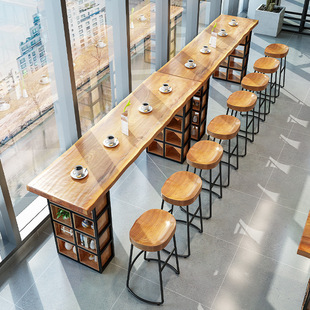 轻奢吧台桌椅组合大板餐桌奶茶店休闲家用靠窗高脚铁艺置物桌