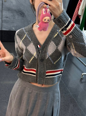 Trendy Bazaar秋冬复古菱格纹针织开衫女V领毛衣学院风小个子外套