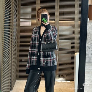 毛衣外套 女长袖 Trendy Bazaar秋冬复古风宽松格纹撞色V领针织开衫