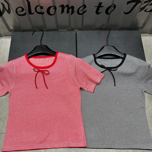 条纹针织女蝴蝶结系带百搭高版 春夏圆领短袖 本上衣 Bazaar Trendy
