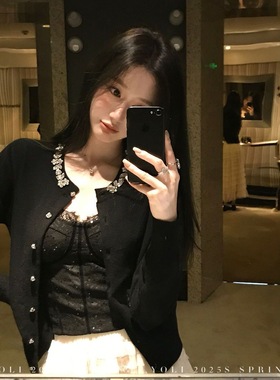 Trendy Bazaar 秋冬千金复古黑色小香风方糖扣毛衣针织开衫外套女