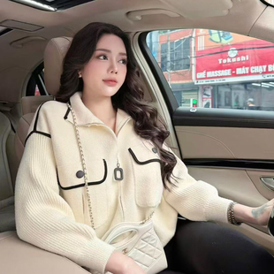 女宽松显瘦百搭气质毛衣外套 秋冬撞色翻领拉链开衫 Trendy Bazaar