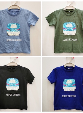 日单新干线车儿童T恤 外贸日系夏季男童卡通动车火车双面亮片短袖