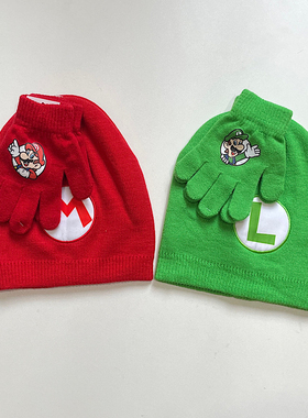 出口原单儿童帽 外贸男童卡通马里奥冬季保暖针织帽子手套