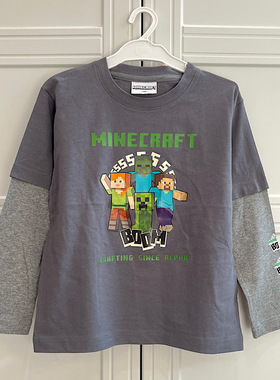 日单儿童T恤 外贸日系春秋男童我的世界苦力怕卡通长袖纯棉上衣