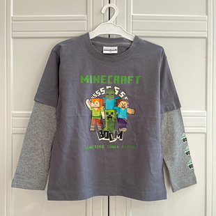 日单儿童T恤 外贸日系春秋男童我的世界苦力怕卡通长袖纯棉上衣