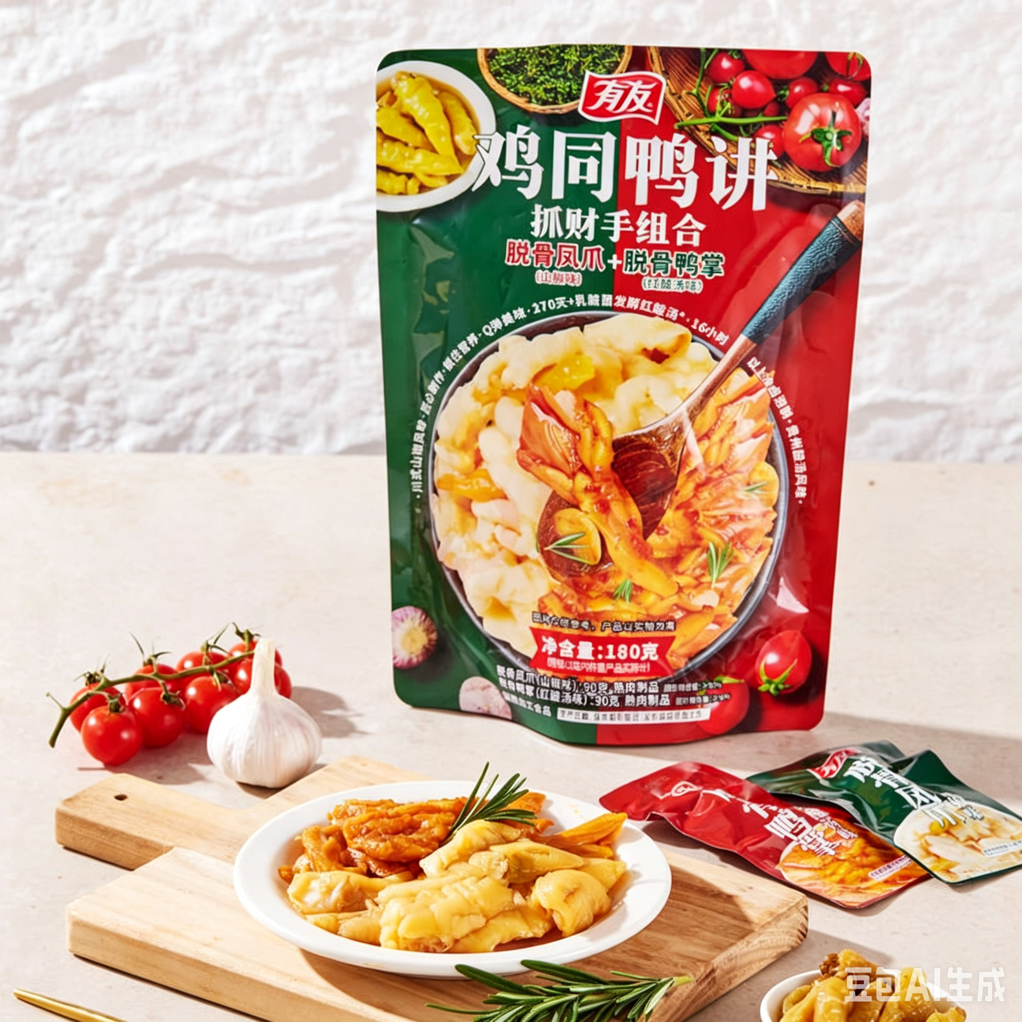 有友鸡同鸭讲抓财手组合山椒味脱骨凤爪红酸汤味鸭掌独立装180g