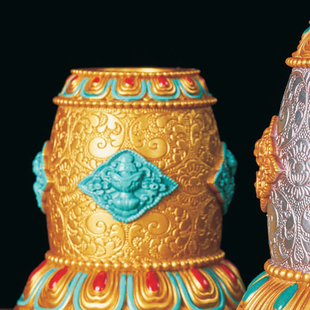 彩绘树脂手摇八吉祥底座转金筒底座子锡杖摆件民族风莲花底座