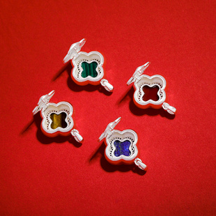 S925纯银项坠四叶草镶嵌宝石吊坠可打开装小号嘎乌盒子辛运草吊坠