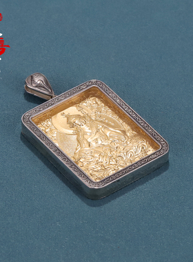 西藏纯银莲花生大士佛牌铜大师唐卡吊坠镀金随身嘎乌盒子项坠民族