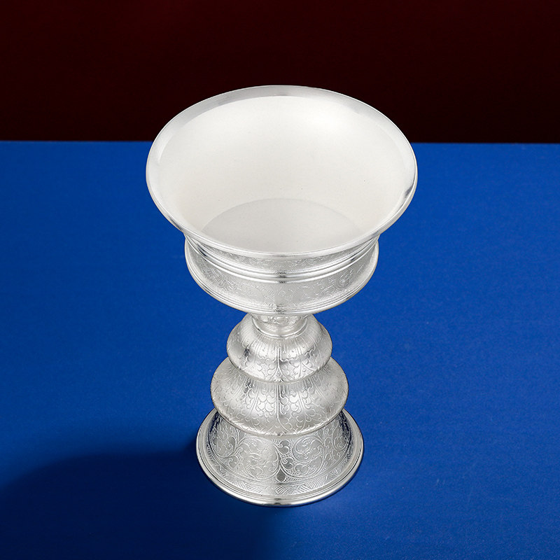 酥油灯烛台S990纯银手工八吉祥酥油家用长明灯供灯座随身小号9cm