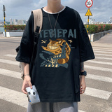 XZ304A-1-ST378CP25潮港风加菲猫短袖t恤男印花夏季宽松卡通小，男装T恤，星座304A