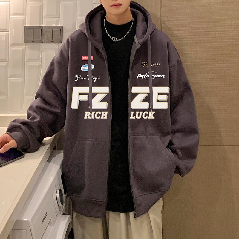 H182加绒FP7560%棉新款美式字母印花男士连帽加绒卫衣休闲夹克外,男装卫衣,星座304A