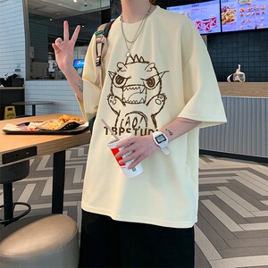 wassup happy港风咆哮小恐龙短袖t恤男夏季圆领华夫格休闲体恤衫图片