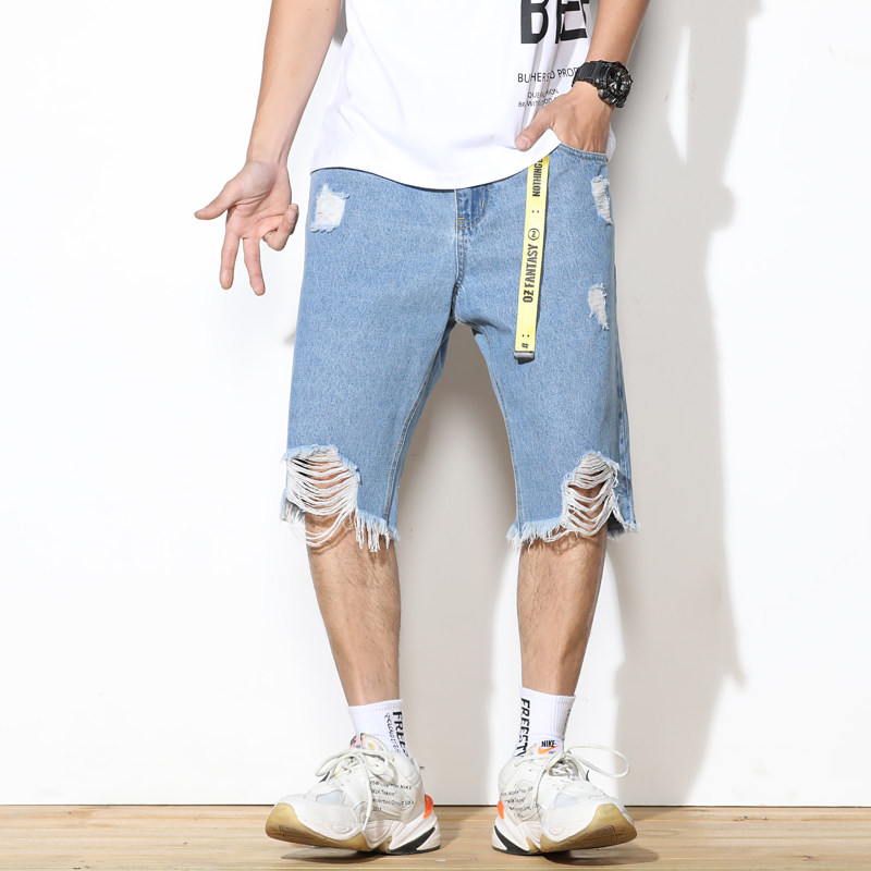 XZ304B-2C薄款牛仔中裤破洞蓝色基本款简约,男装牛仔裤,星座304A-1
