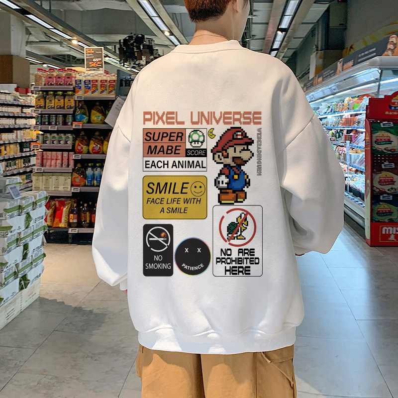 W315C加绒45新品卡通印花圆领套头无帽卫衣男宽松长袖上衣，男装卫衣，星座304A