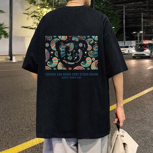 T699FP26新款纯棉宽松休闲圆领短袖T恤男民族风印花薄款透气体恤图片