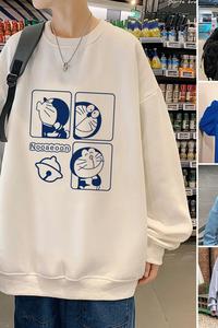 W333P35加绒45新款无帽宽松卫衣男卡通印花套头打底衫长袖上衣服