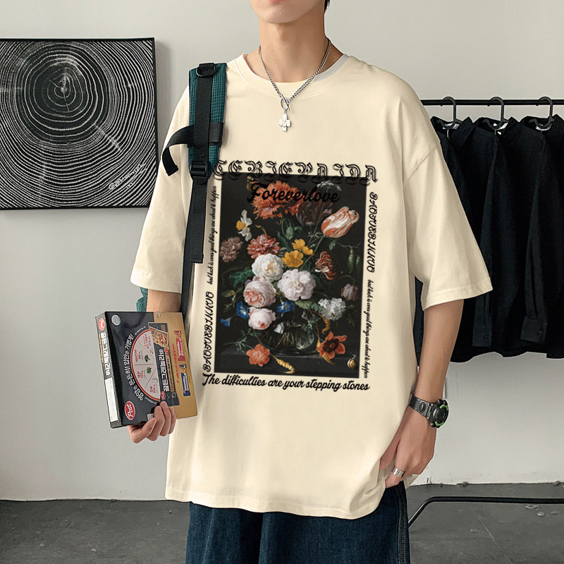 304A-T607CP26新款短袖T恤男玫瑰油画印花潮流体恤,男装T恤,星座304A