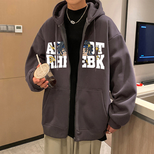 H189FP70加绒75新款含棉量60%开衫连帽卫衣男运动字母印花外套,深灰搭配浅粉色图片
