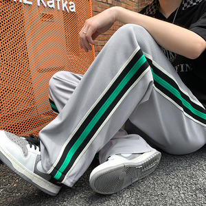 K866P45新款侧边条纹港风休闲裤男宽松直筒裤拖地潮流运动长裤图片