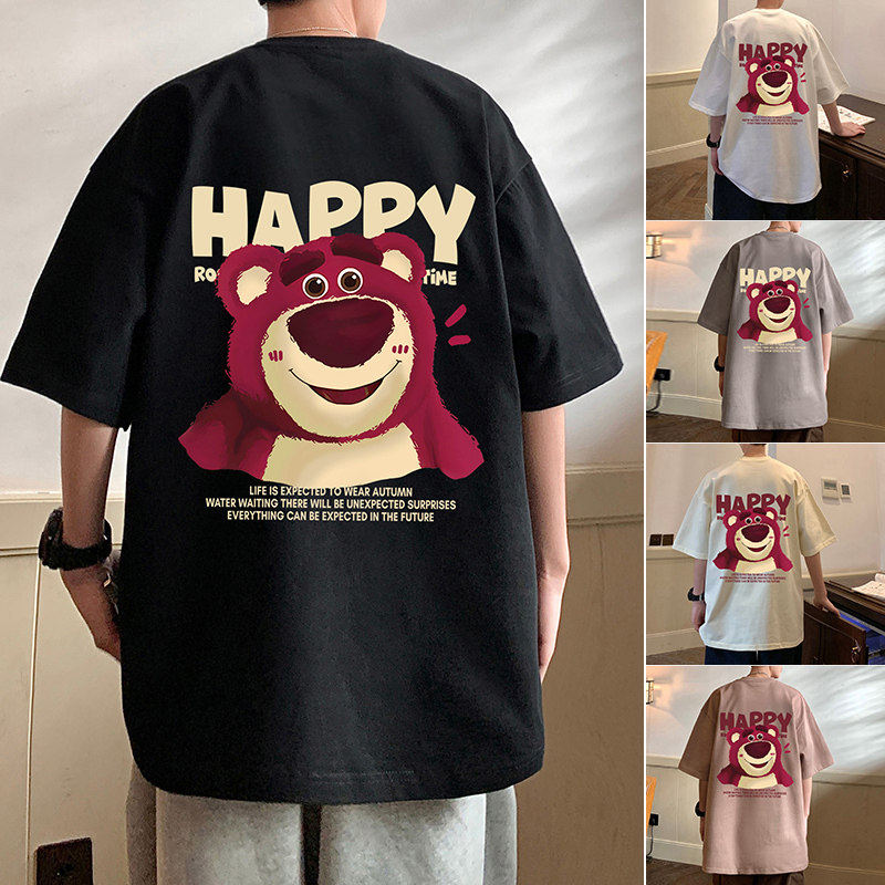 wassuphappy2025新款潮流纯棉短袖t恤男夏季宽松草莓熊半袖体恤,男装T恤,星座304A