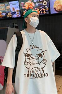 wassup happy港风咆哮小恐龙短袖t恤男夏季圆领华夫格休闲体恤衫图片